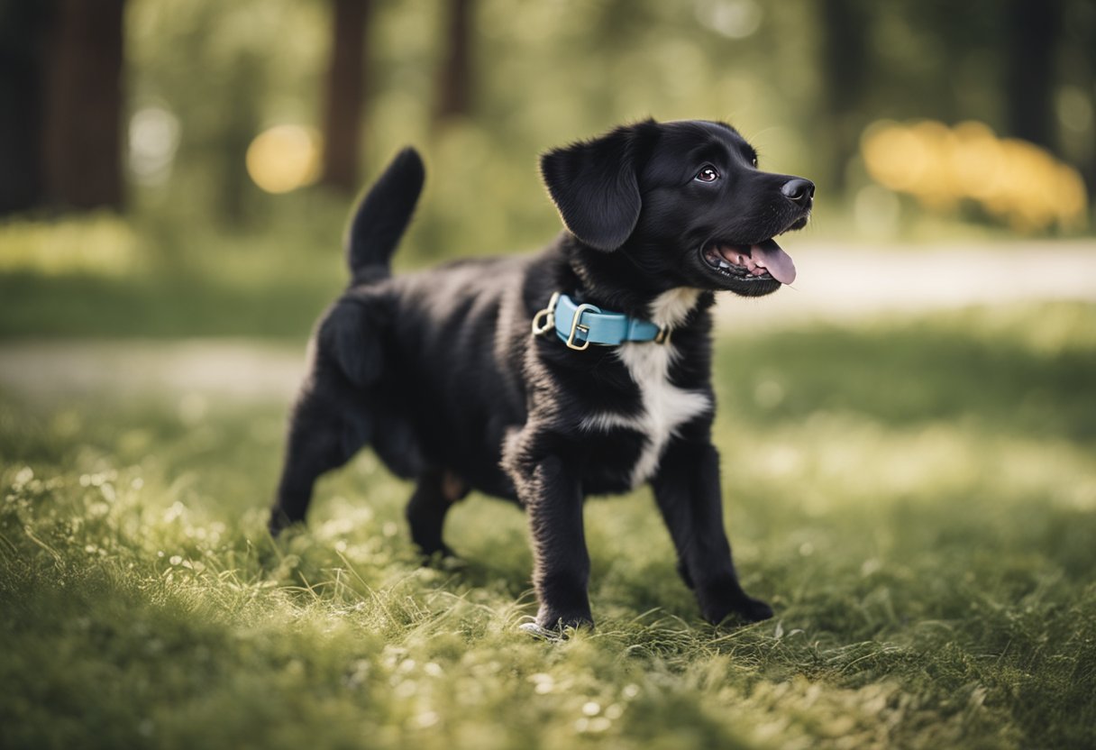 A shocked dog with paws on a baby bump, looking up in surprise