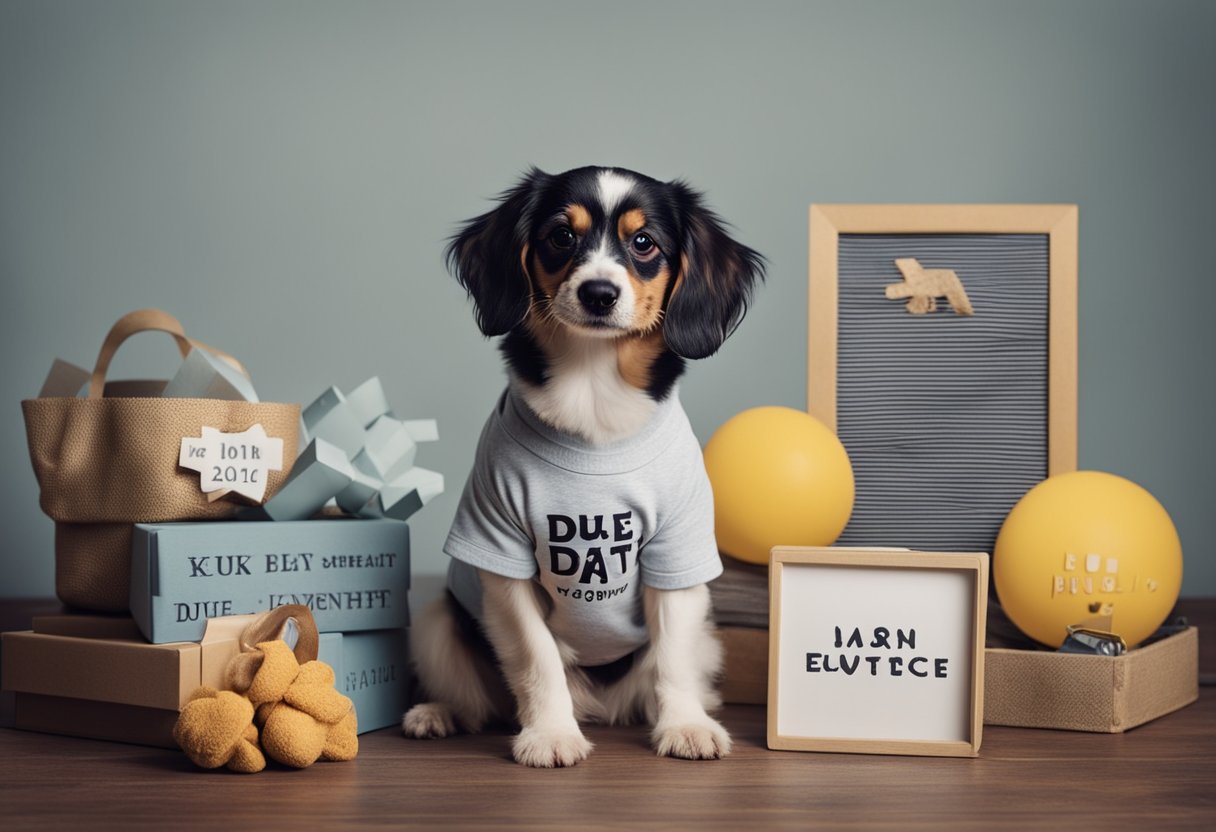 A dog wearing a mini t-shirt with a due date, surrounded by heartwarming pregnancy announcement props