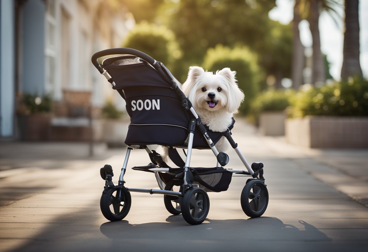 A dog sits next to an empty stroller with a sign saying 'coming soon', conveying a heartwarming pregnancy announcement