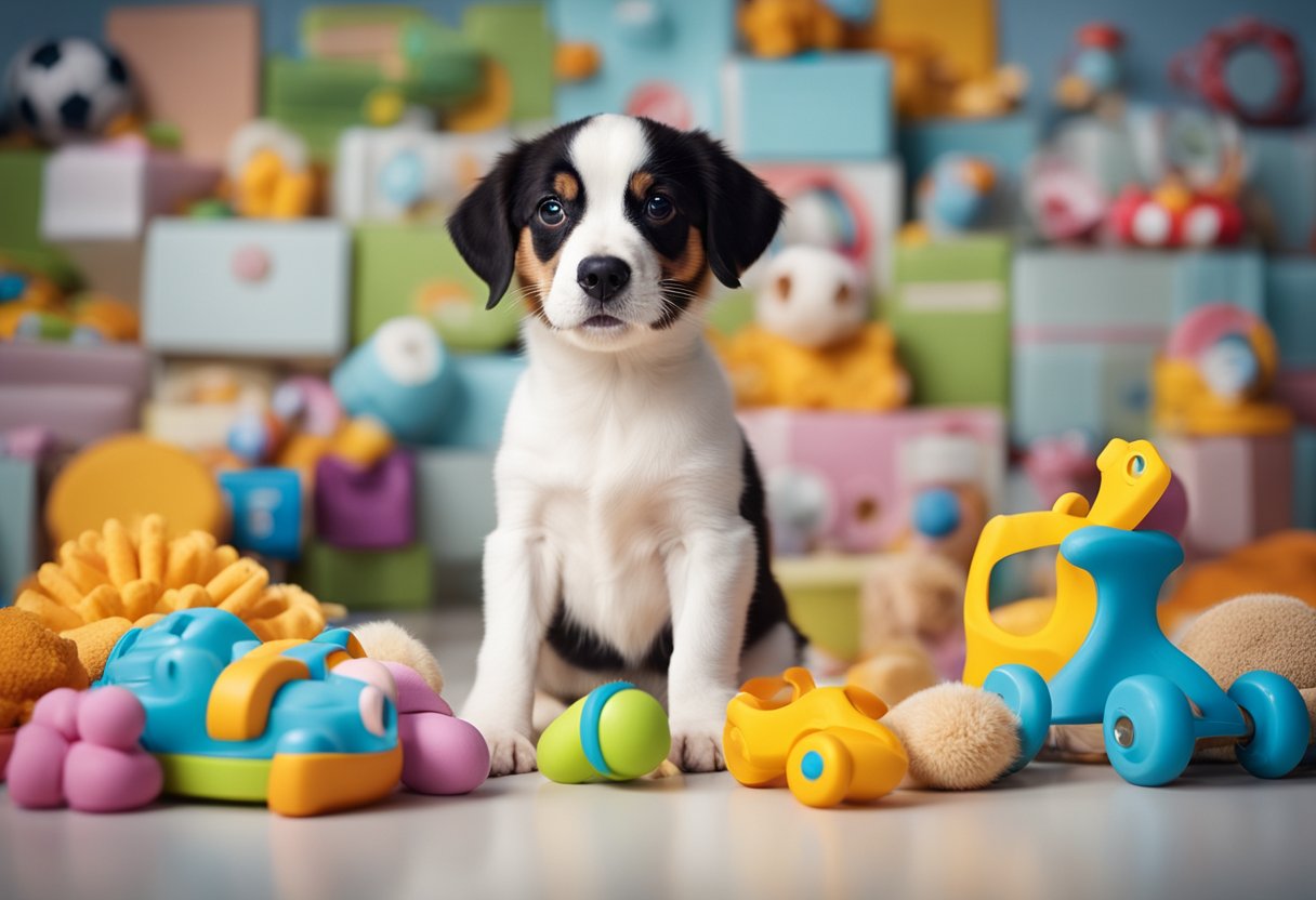 A dog sits next to a pile of baby toys and accessories, looking up with a curious and loving expression