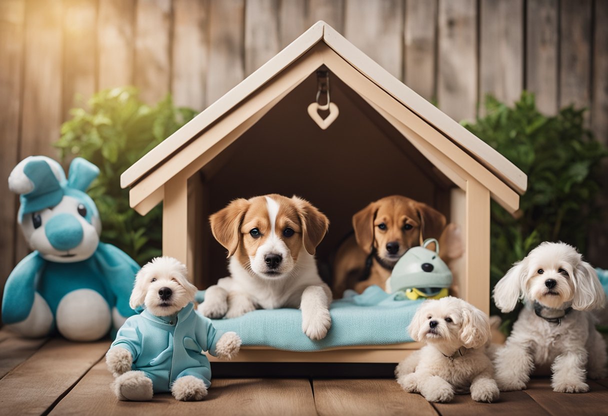 A doghouse adorned with baby gear, surrounded by excited dogs, ready for a heartwarming pregnancy announcement photo