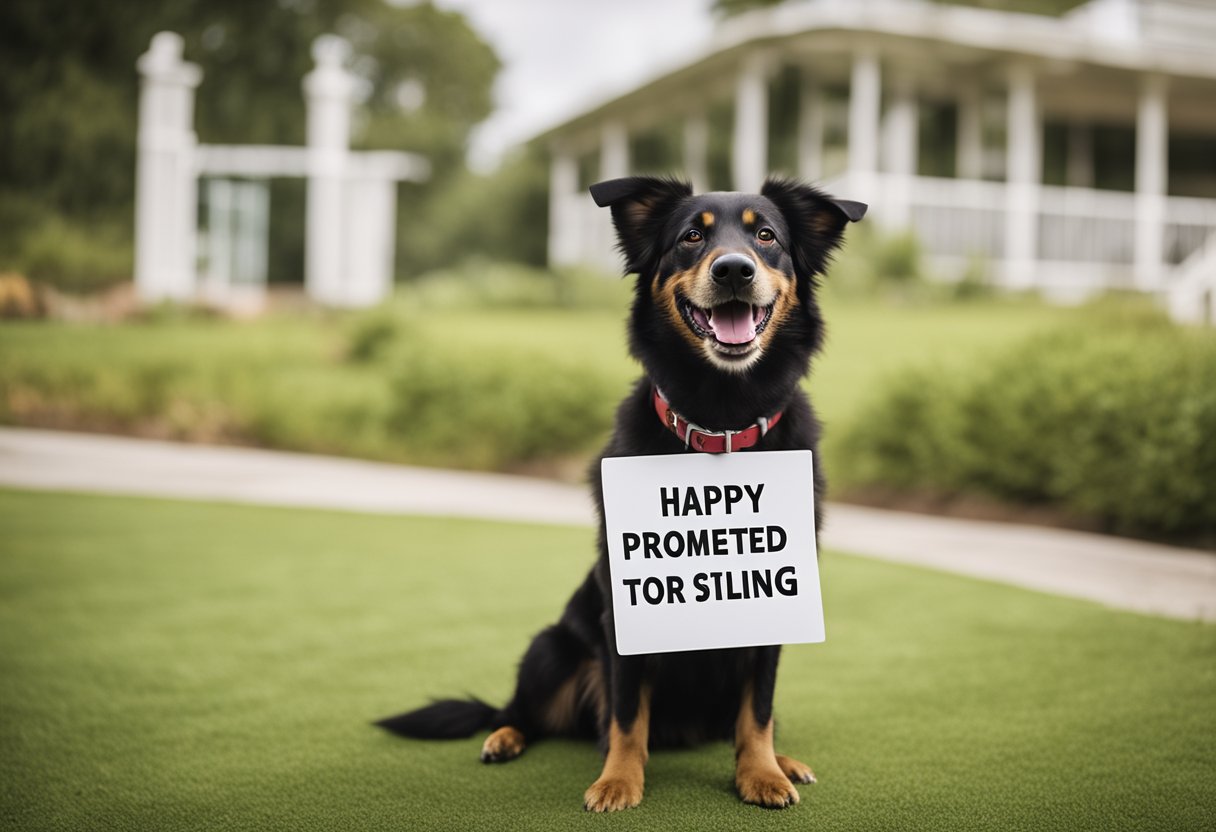 A happy dog holds a sign with the message "Promoted to sibling" in its mouth, tail wagging with excitement