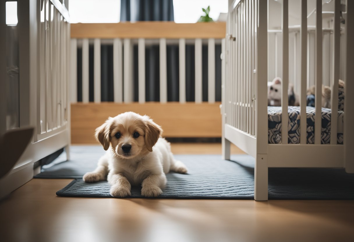 A dog sits by a baby crib, looking expectantly towards the door