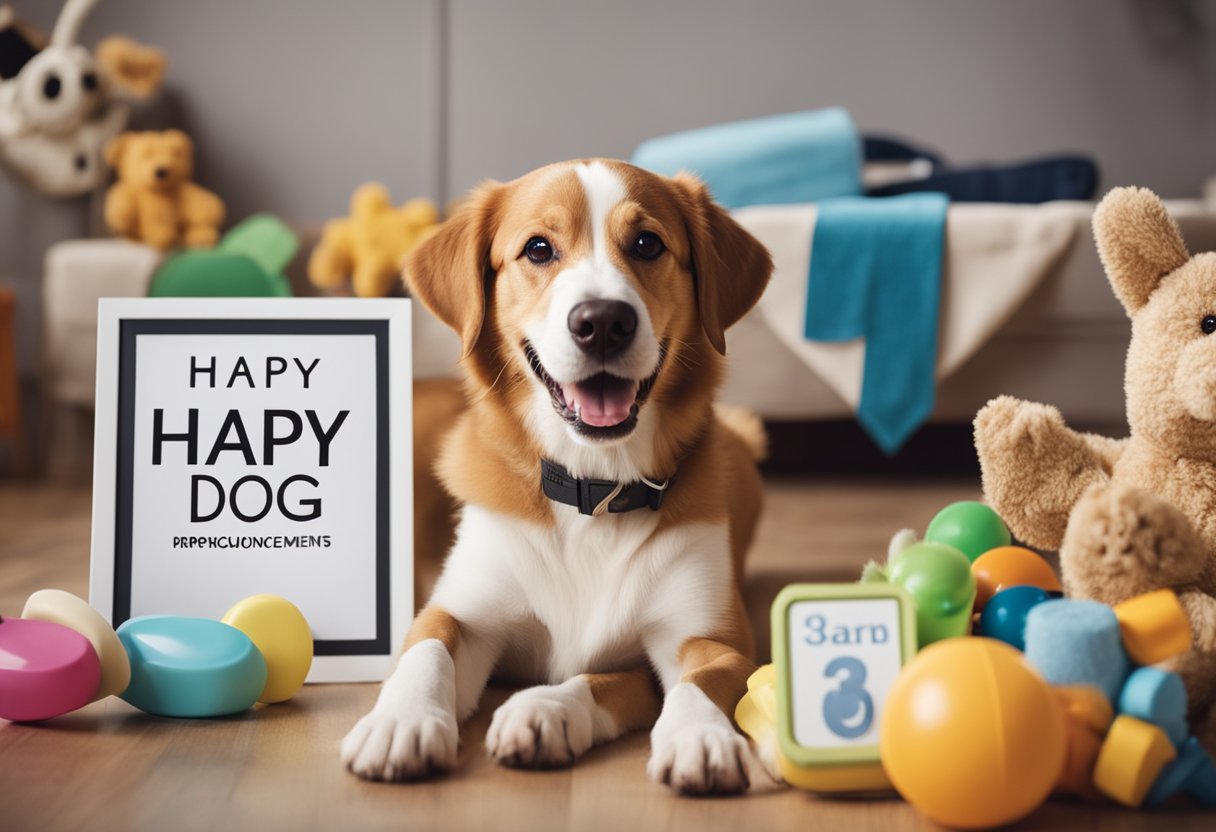 A happy dog with a pregnancy announcement sign, surrounded by toys and baby items, looking excited and playful