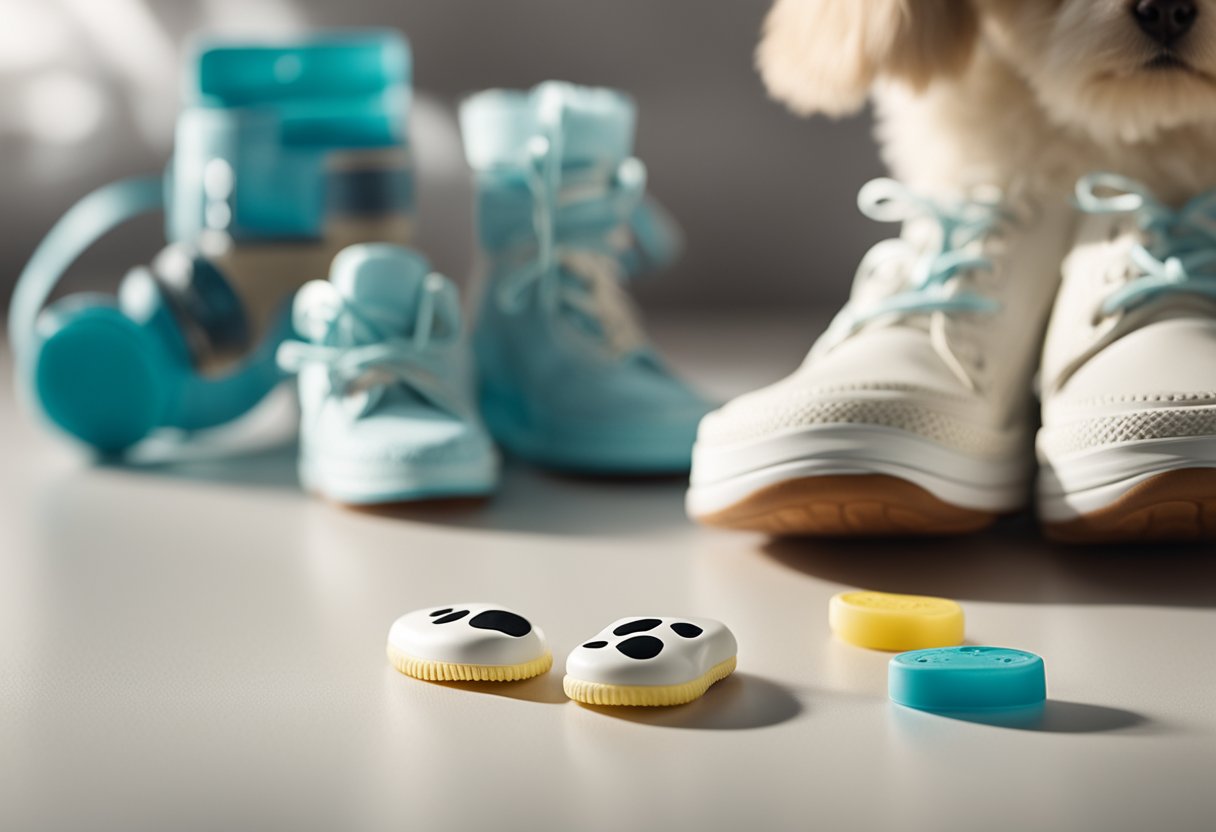 A dog's paw prints surround a pair of tiny booties and a positive pregnancy test