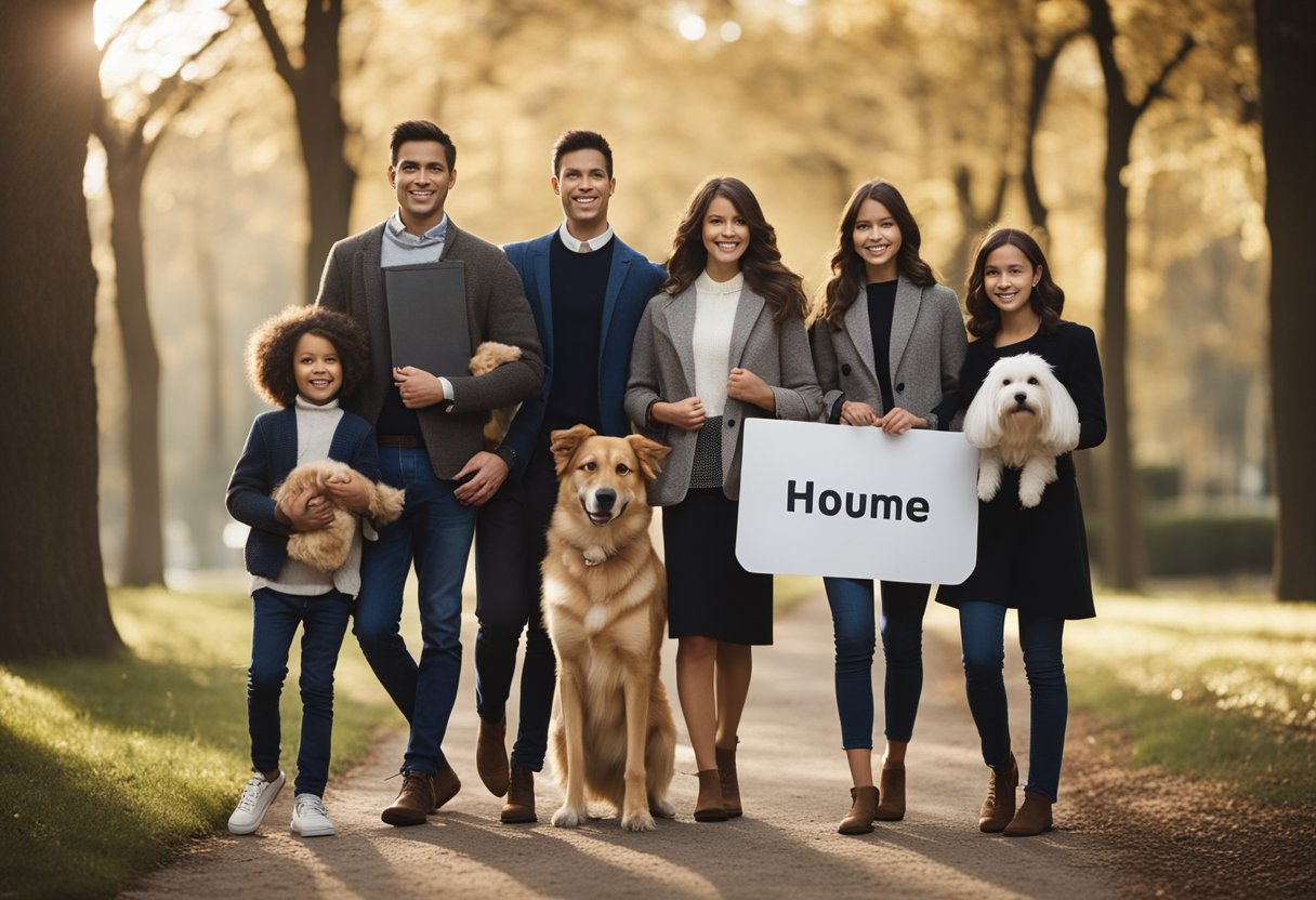 A family portrait with a dog at the center, holding a sign