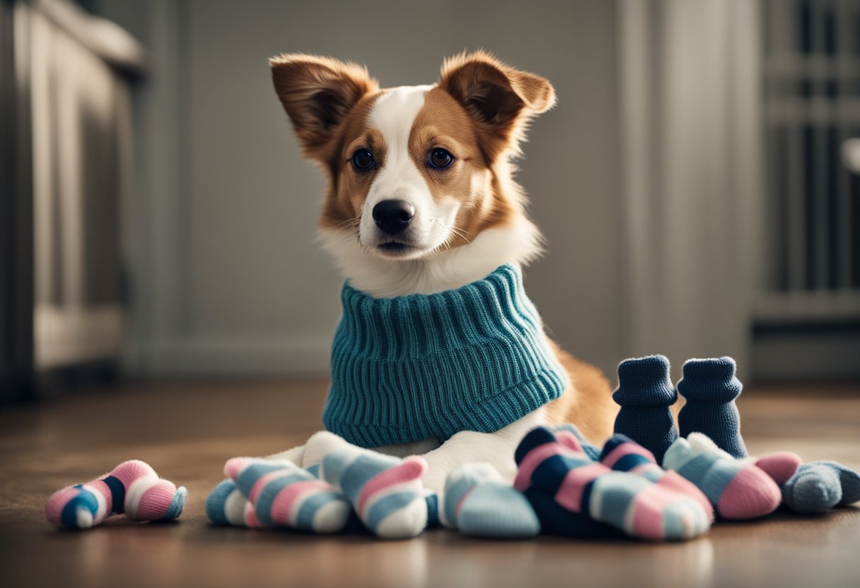 A dog sits next to a pile of tiny baby socks, looking up with a heartwarming expression