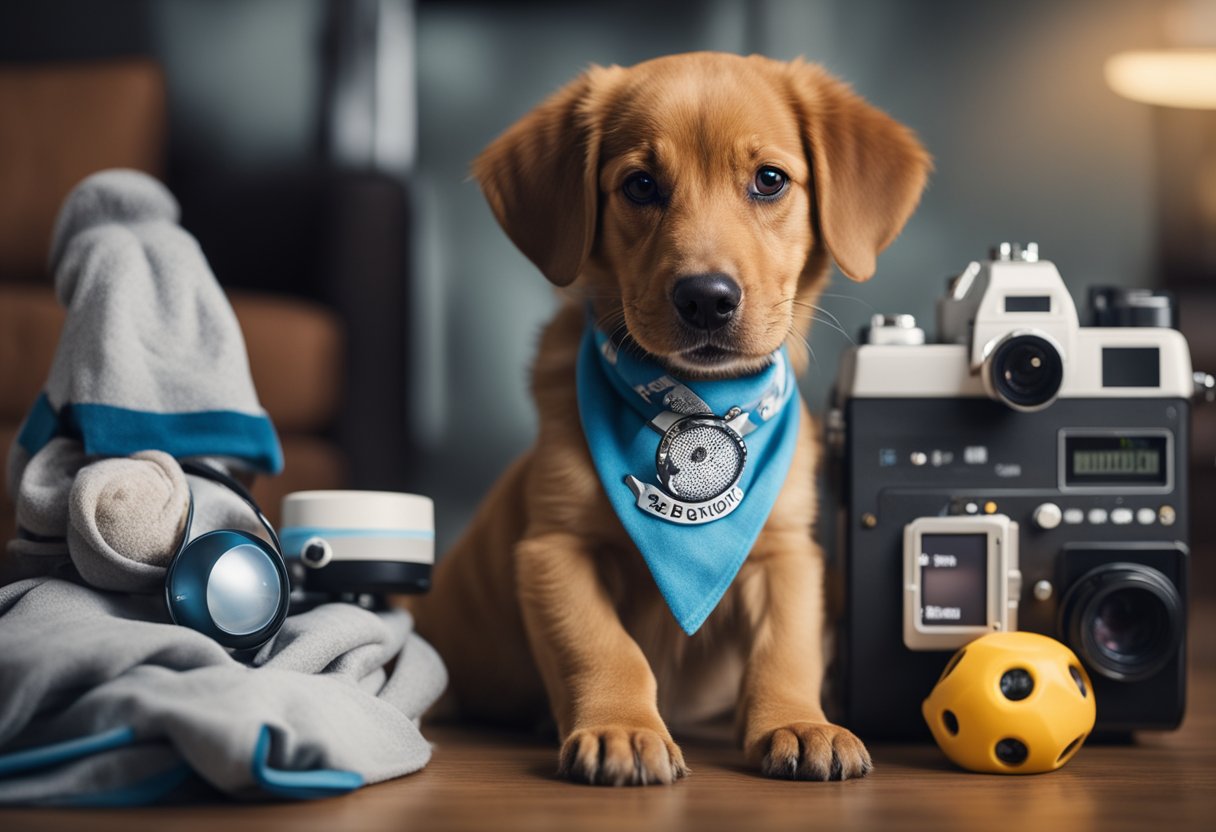 A dog sits in front of a camera, wearing a "Big Brother" or "Big Sister" bandana, with ultrasound images and baby items in the background