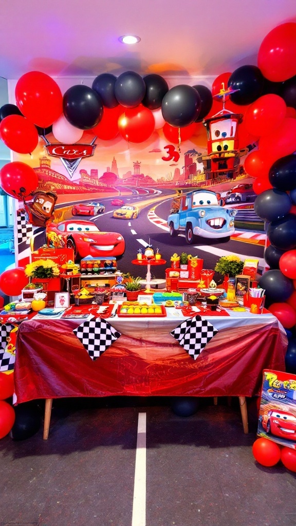 Colorful Disney Cars decorations for a baby shower featuring balloons and a themed table setup.