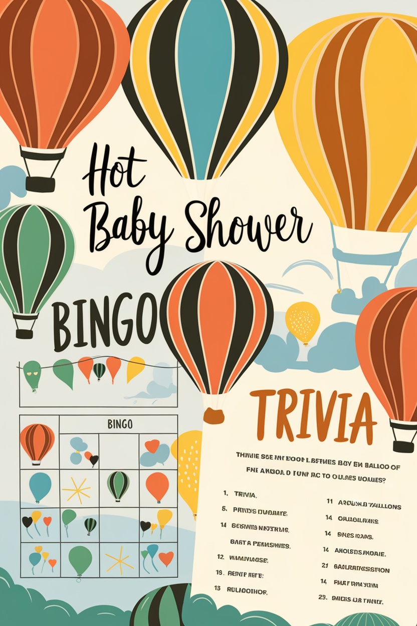 Illustration of hot air balloons with baby shower game elements like Bingo and Trivia