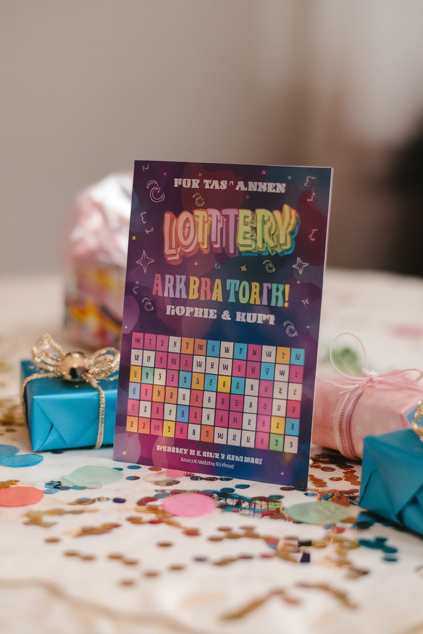 A colorful scratch-off lottery ticket on a festive table with gifts and confetti.