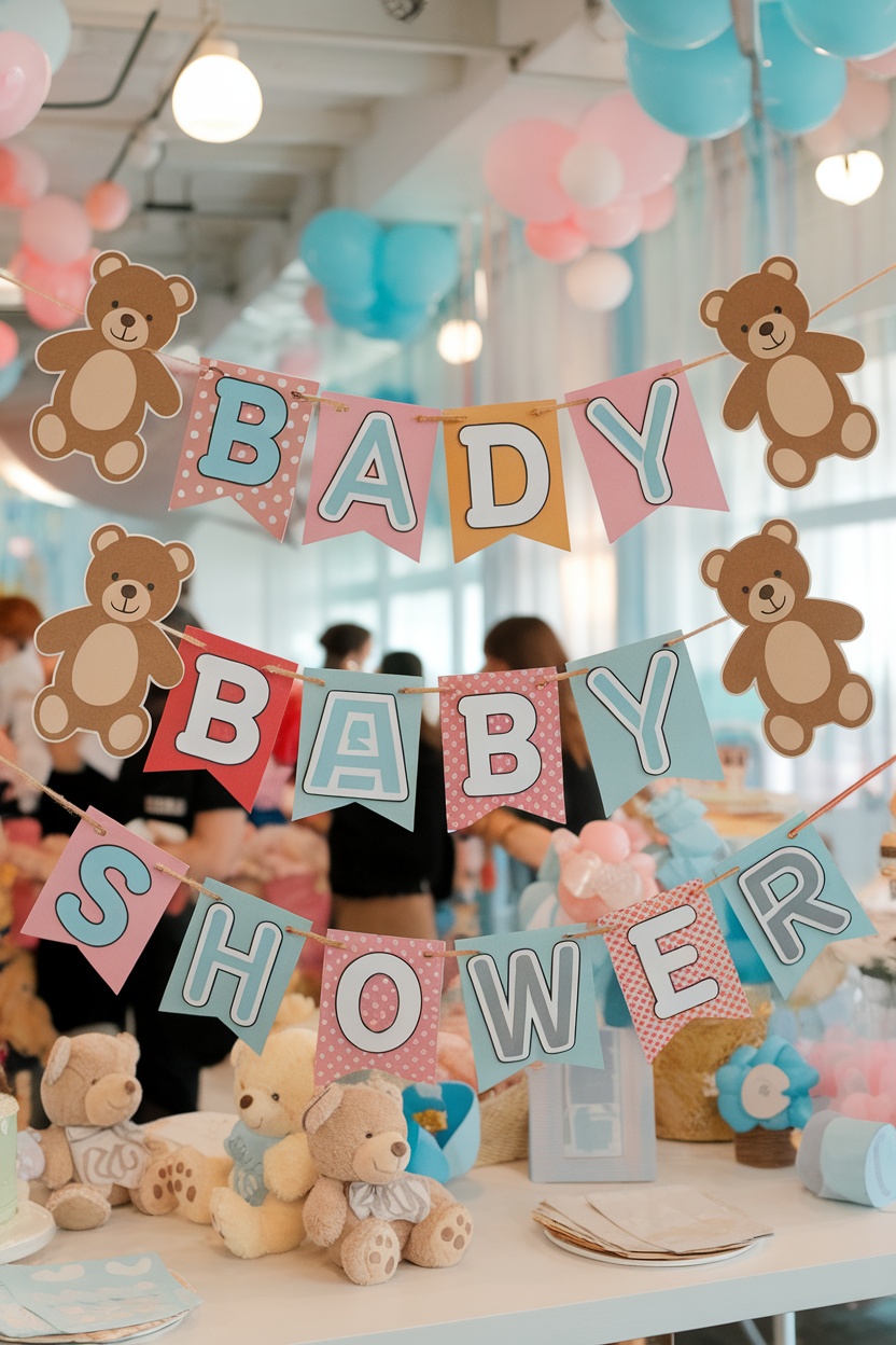 Teddy bear baby shower banner with colorful letters and bear images