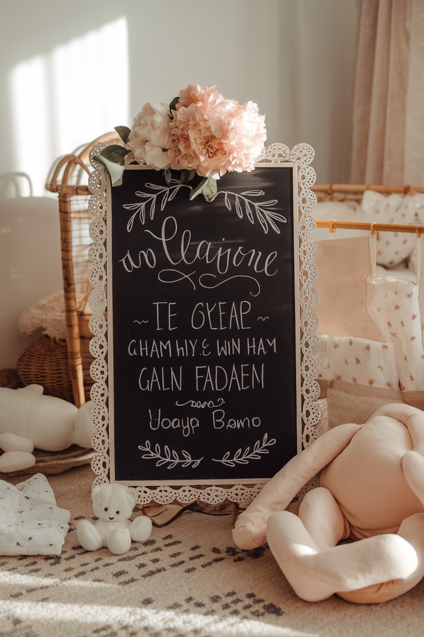 Baby announcement chalkboard sign with floral accents and soft toys in a cozy setting.