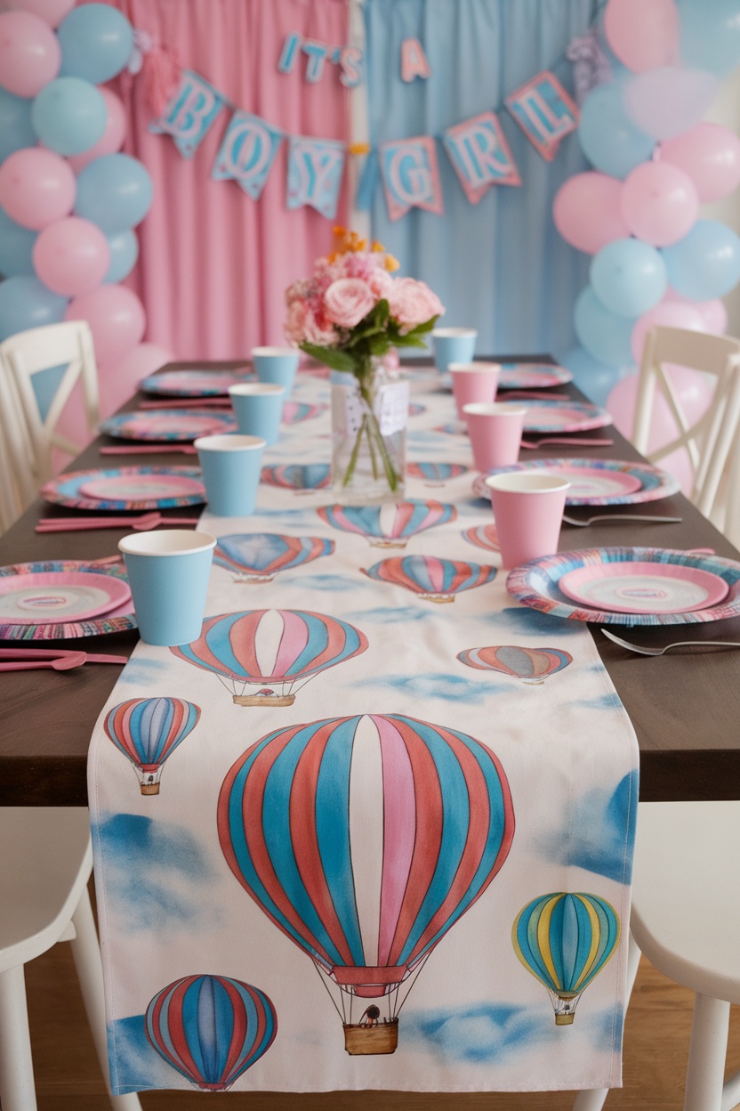 A beautifully decorated table with a hot air balloon table runner, colorful plates, and cups for a baby shower.