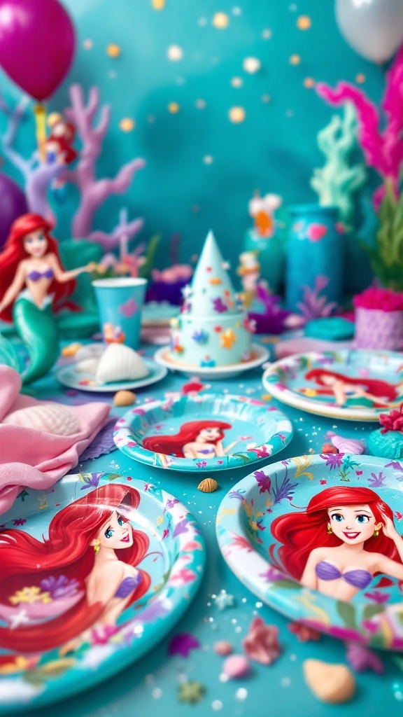 Colorful Little Mermaid themed party supplies including plates, cups, and decorations.