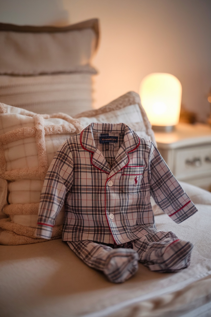 Ralph Lauren baby pajamas in plaid design on a cozy bed