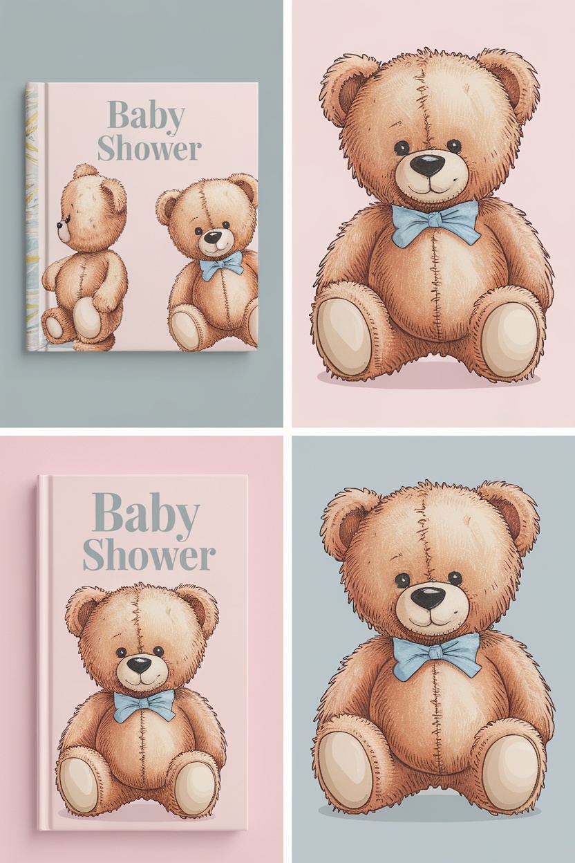 A teddy bear themed guest book for a baby shower with cute illustrations of teddy bears.