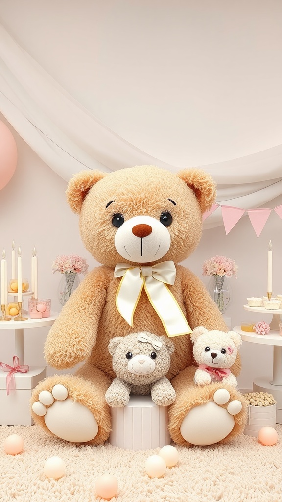 A teddy bear baby shower centerpiece featuring a large teddy bear and smaller plush bears, surrounded by soft decorations.