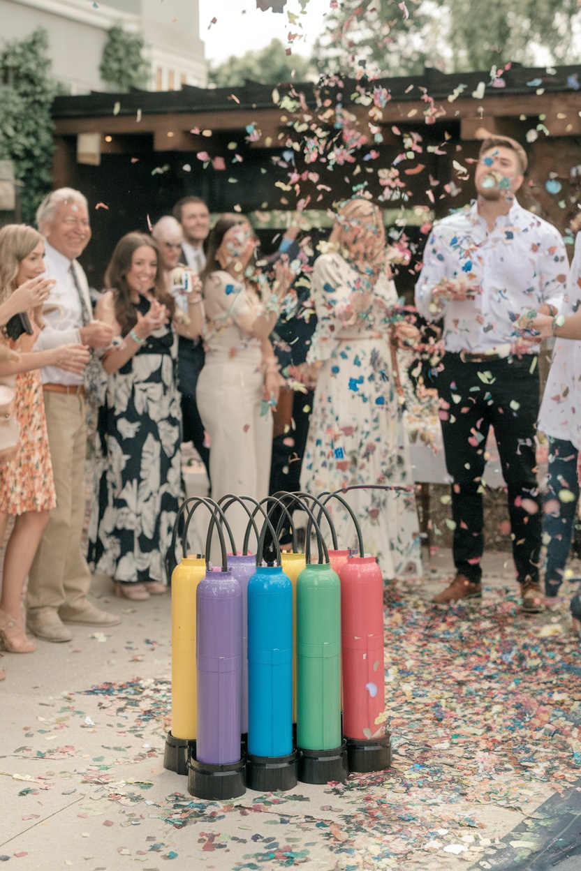 Colorful confetti cannons ready for a baby reveal at a birthday party with guests cheering.