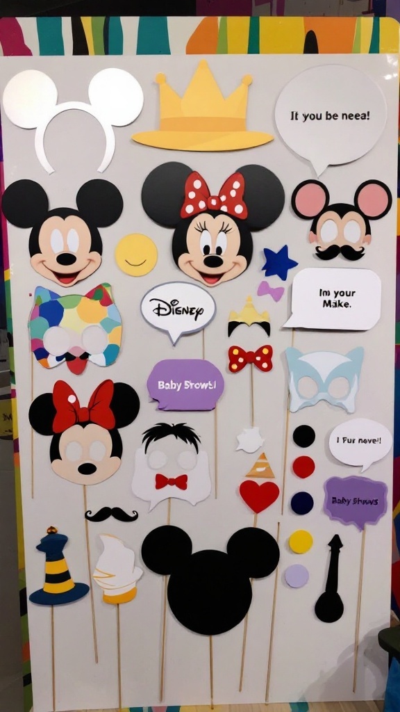 Colorful Disney-themed photo booth props for a baby shower.