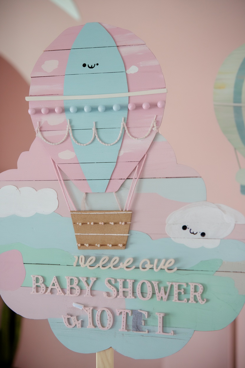 Colorful hot air balloon baby shower sign with a smiling balloon and welcoming text