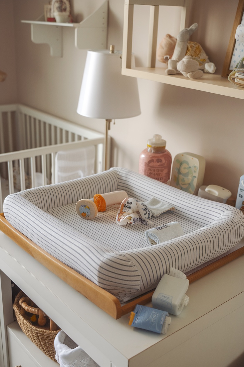 Image of a stylish nursery changing pad with accessories.