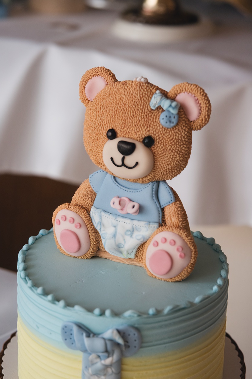 Cute teddy bear cake topper on a baby shower cake