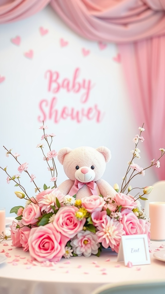 Teddy bear centerpiece for a baby shower featuring pink roses and delicate flowers.