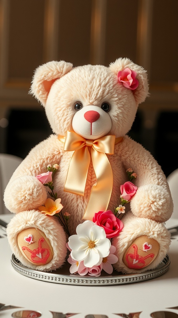 A teddy bear centerpiece decorated with flowers and a ribbon.