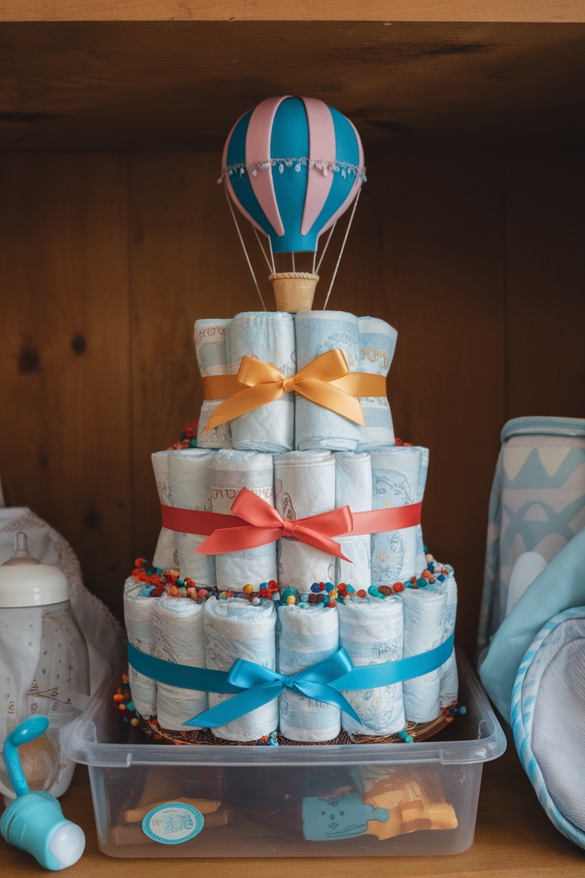 A colorful hot air balloon diaper cake displayed on a shelf, featuring rolled diapers wrapped in ribbons with a decorative balloon on top.