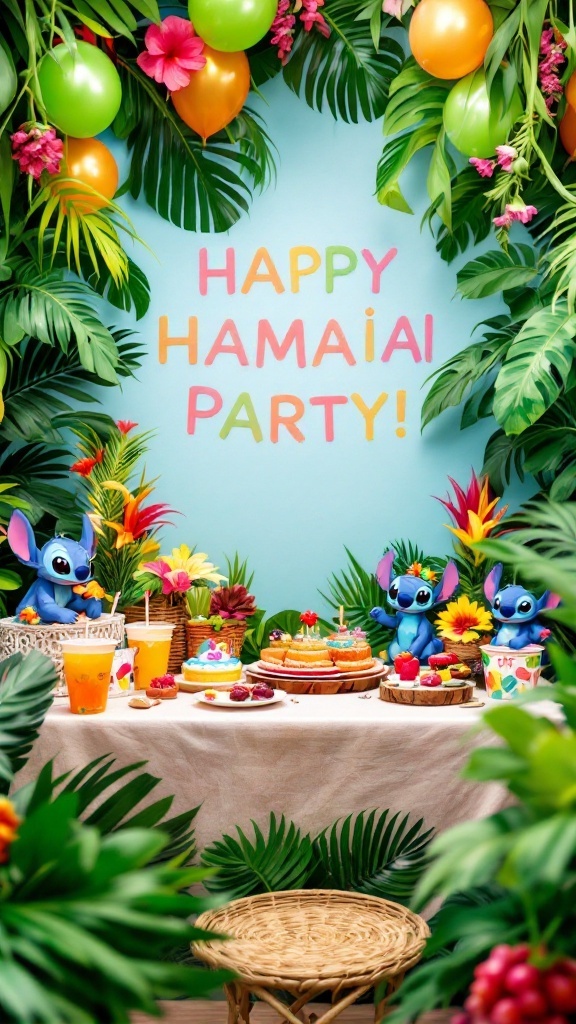 Lilo and Stitch themed baby shower decorations with tropical elements and a dessert table.