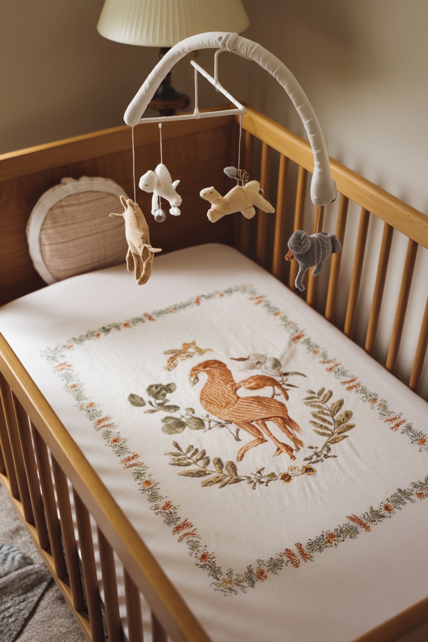 Ralph Lauren baby crib sheet in a crib with a mobile overhead