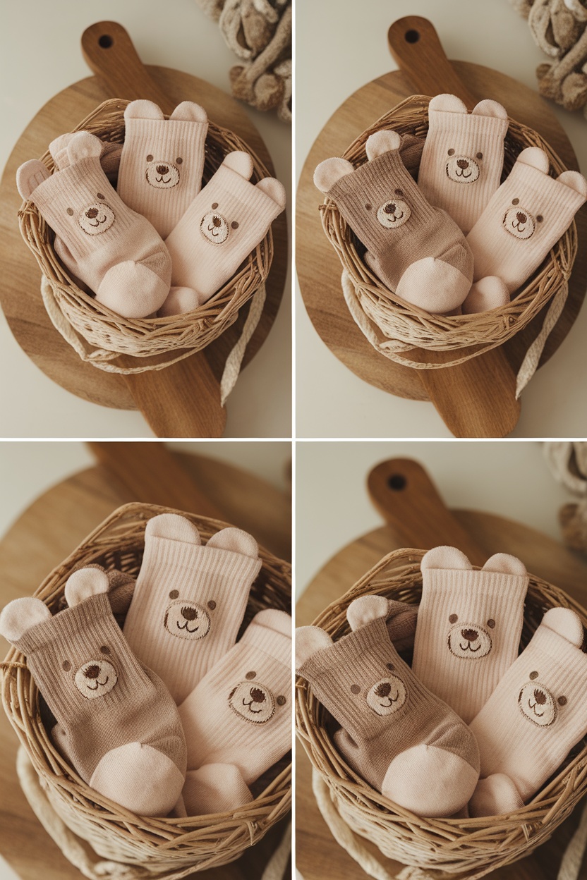 A cute basket filled with teddy bear themed baby socks in pastel colors