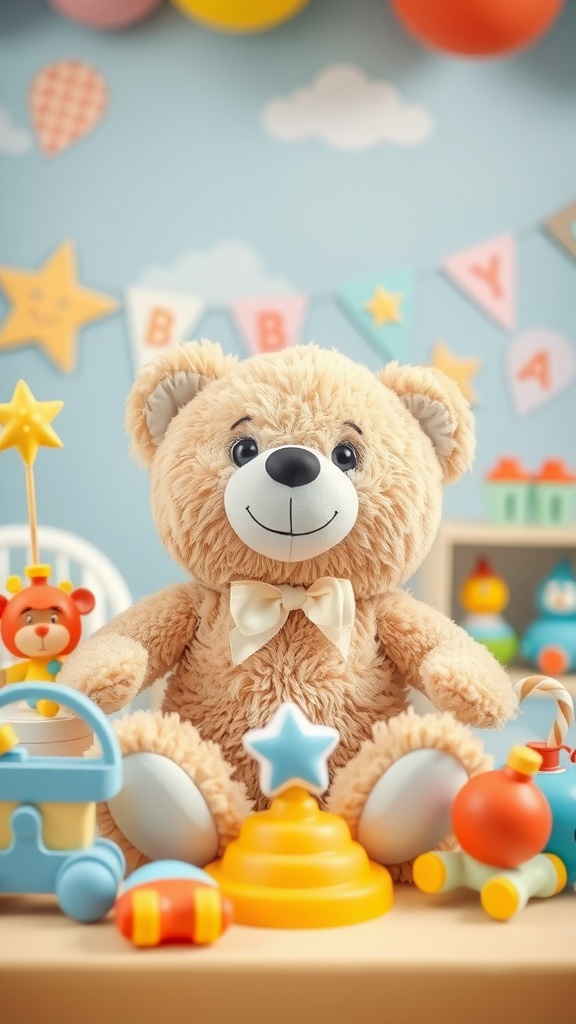A cute teddy bear centerpiece surrounded by colorful toys and playful decorations.