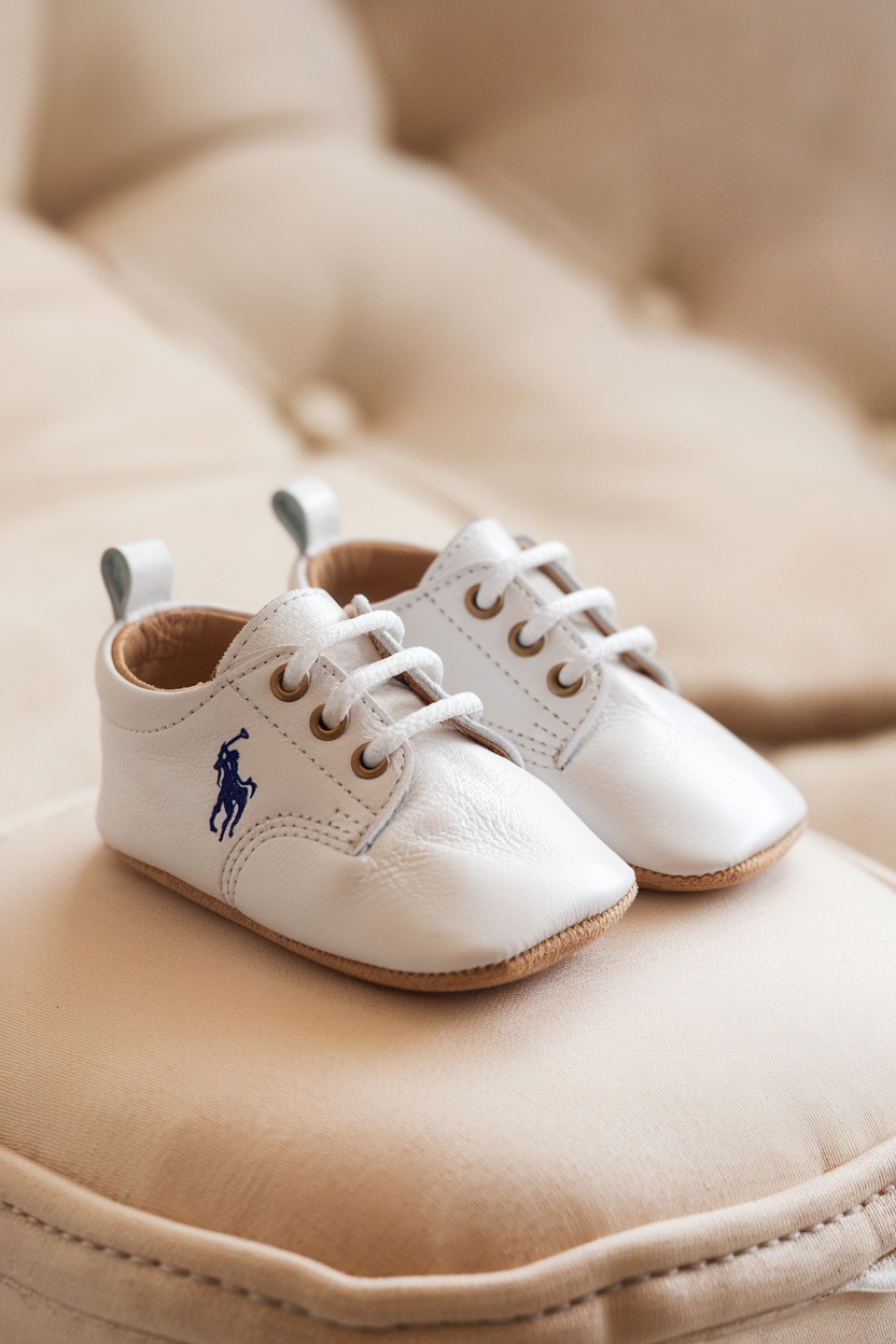 A pair of white Ralph Lauren baby shoes on a cushion