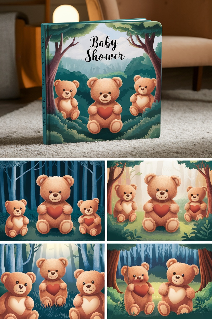 Illustrated teddy bears on a baby shower storybook.