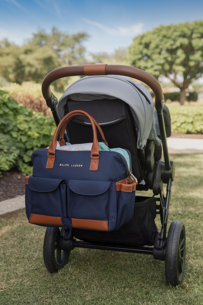 Ralph Lauren Baby Diaper Bag on stroller