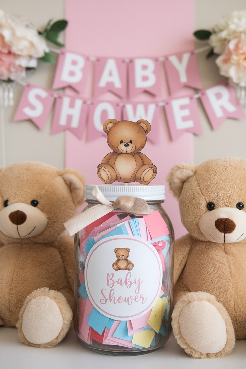 A teddy bear baby shower wish jar with colorful notes, surrounded by plush teddy bears.