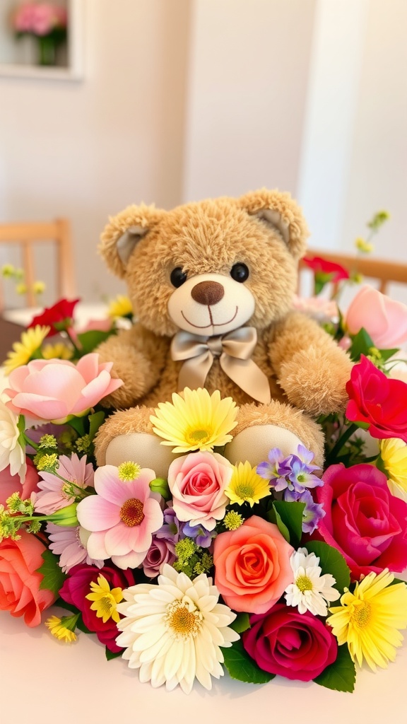 A teddy bear surrounded by colorful flowers, ideal for a baby shower centerpiece.