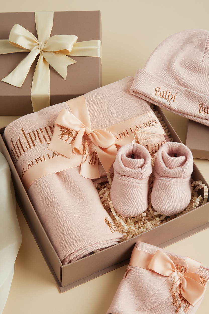 Ralph Lauren Baby Gift Set featuring a blanket, booties, hat, and elegant packaging.