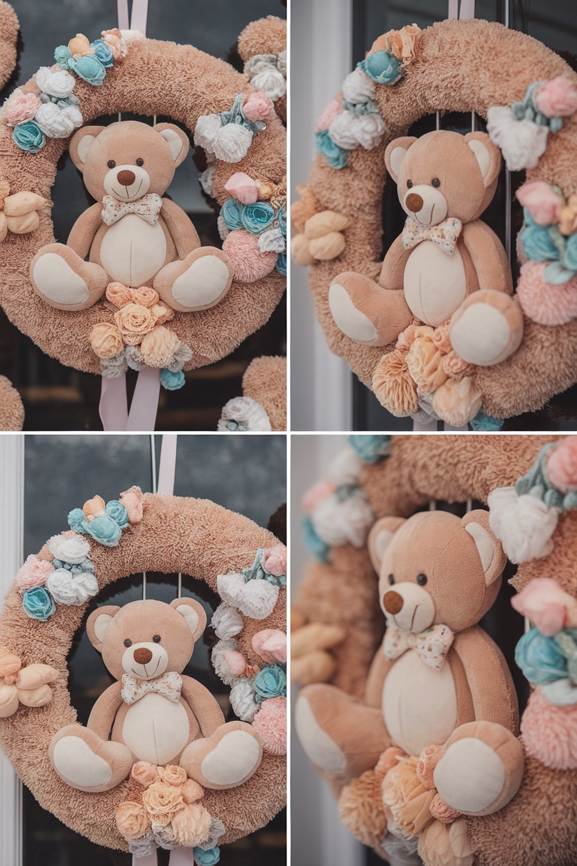 Decorative teddy bear wreath with flowers for a baby shower