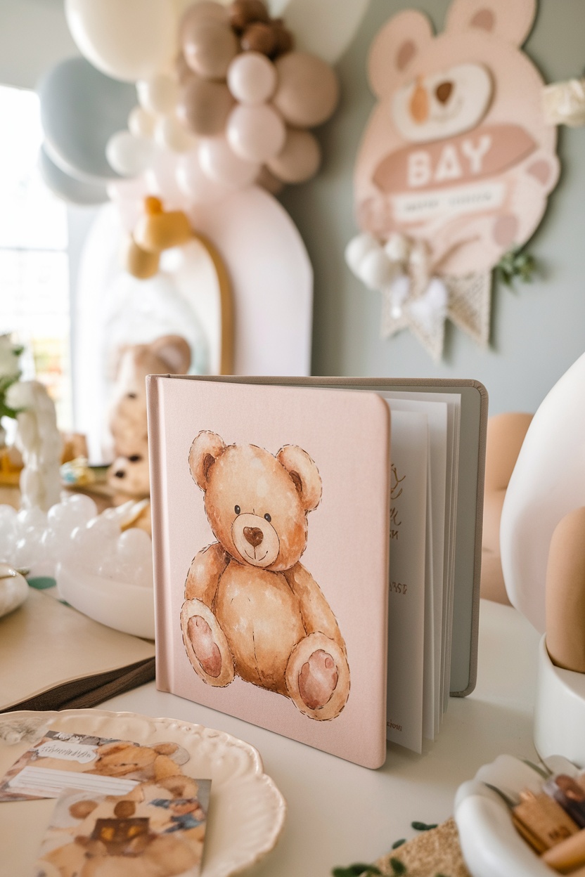 Teddy bear themed photo album at a baby shower