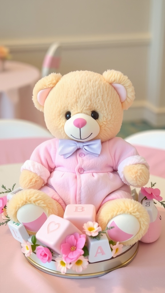 A teddy bear centerpiece for a baby shower, featuring a plush bear in a pink outfit surrounded by flowers and blocks.