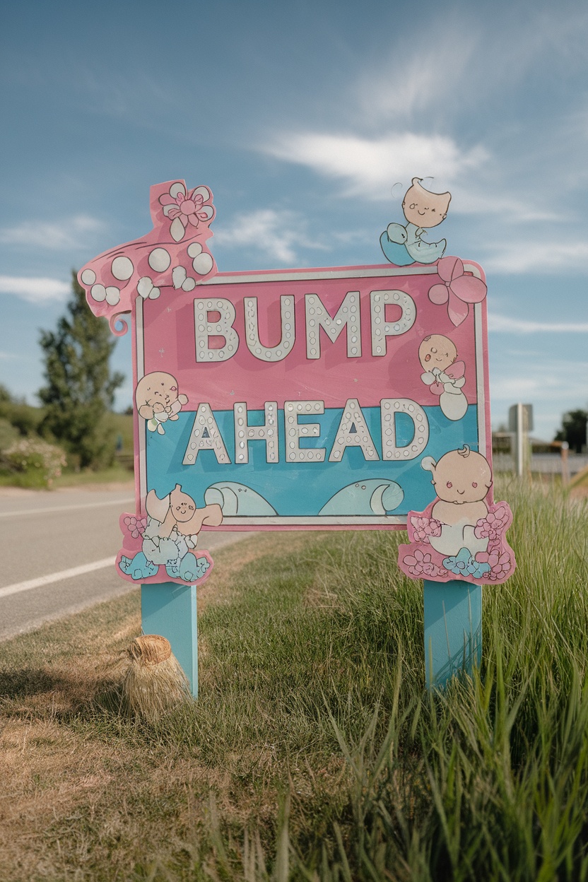 A colorful 'Bump Ahead' sign decorated with baby illustrations, announcing a pregnancy.