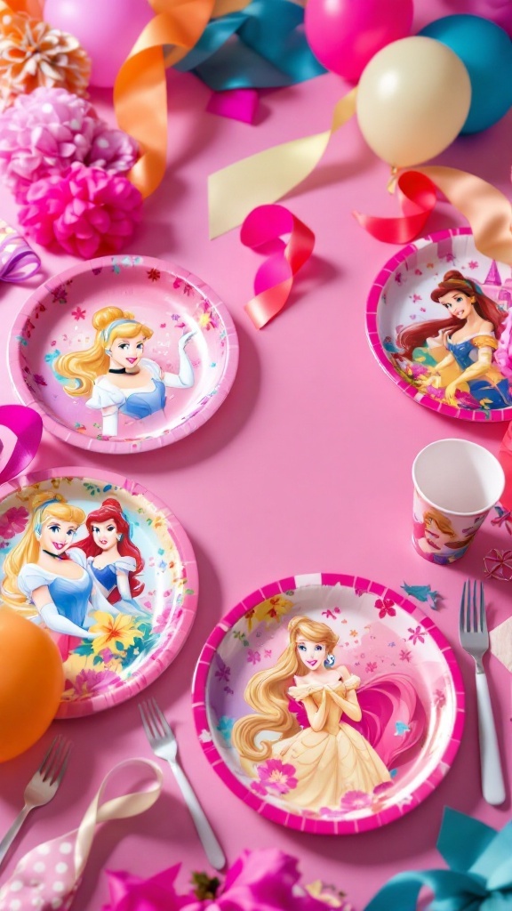 Disney princess themed tableware including plates and cups featuring Cinderella, Belle, and Ariel