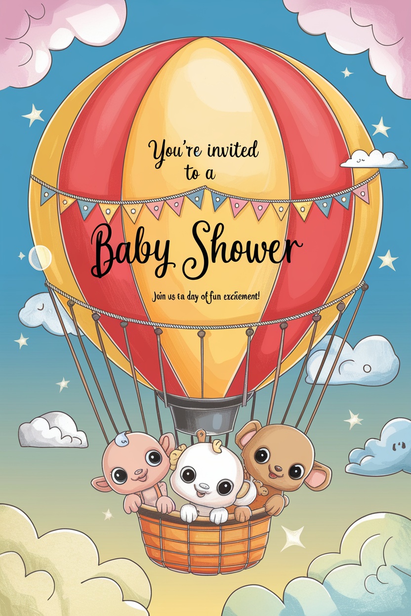 A colorful hot air balloon invitation for a baby shower featuring cute animals.