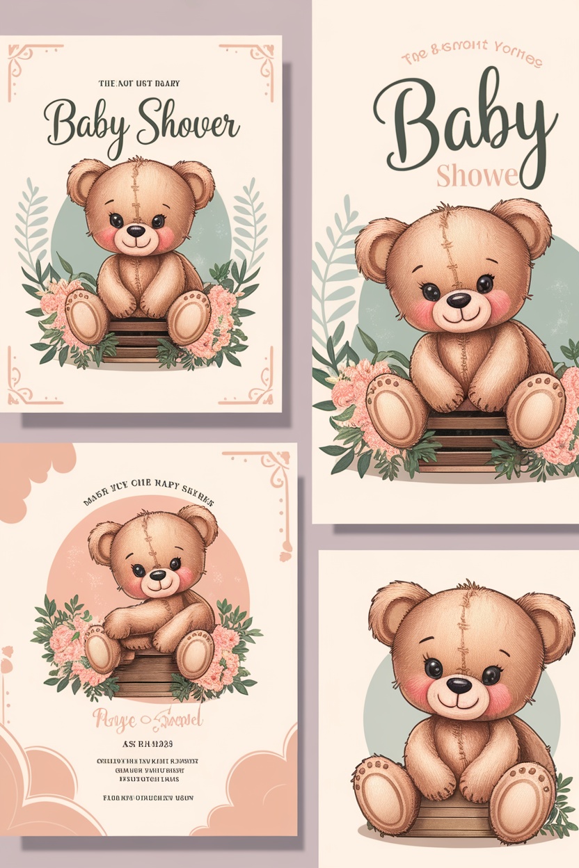 Various teddy bear baby shower invitation designs featuring cute bear illustrations and floral accents.