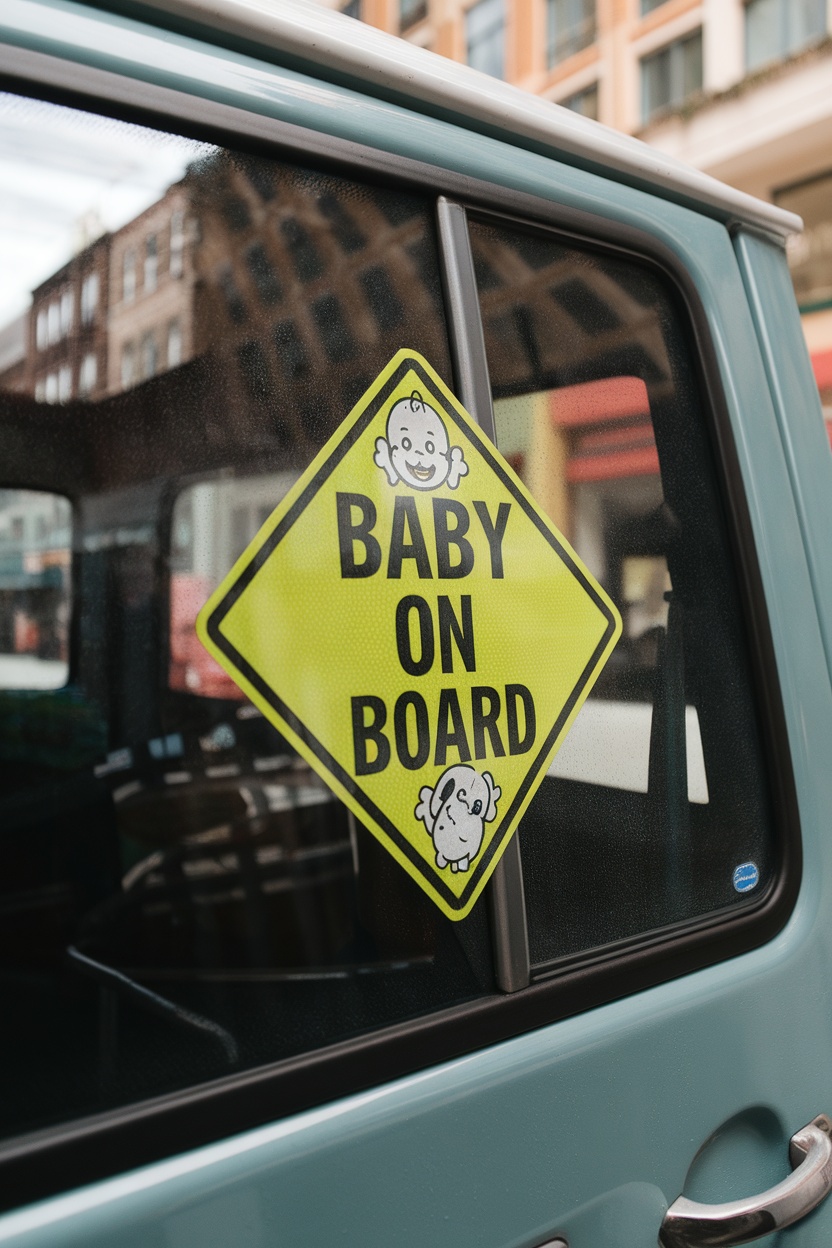 A bright yellow 'Baby On Board' sign on a vehicle window
