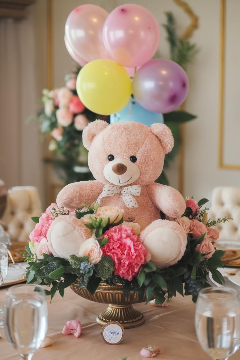 A pink teddy bear centerpiece surrounded by flowers and balloons for a baby shower