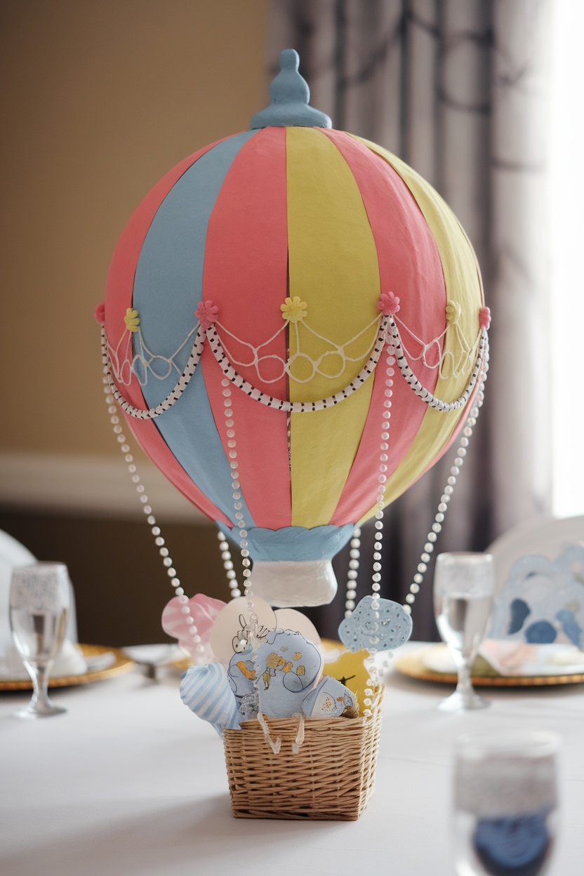 A colorful hot air balloon centerpiece for a baby shower.